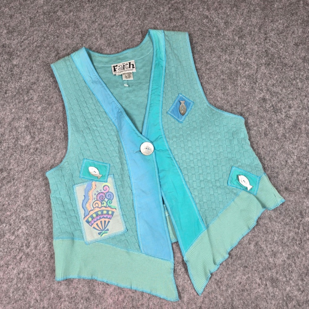 Vintage Faith Celia Forrester Knit Vest Teal Beach Shells Fish Beaded Art Medium